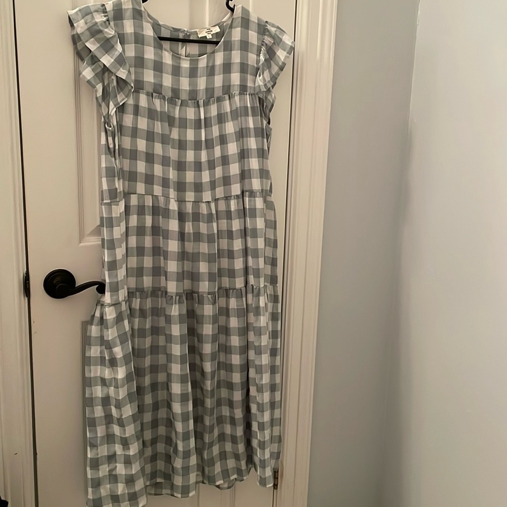 L Entro Sage Gingham Ruffle Tier Dress